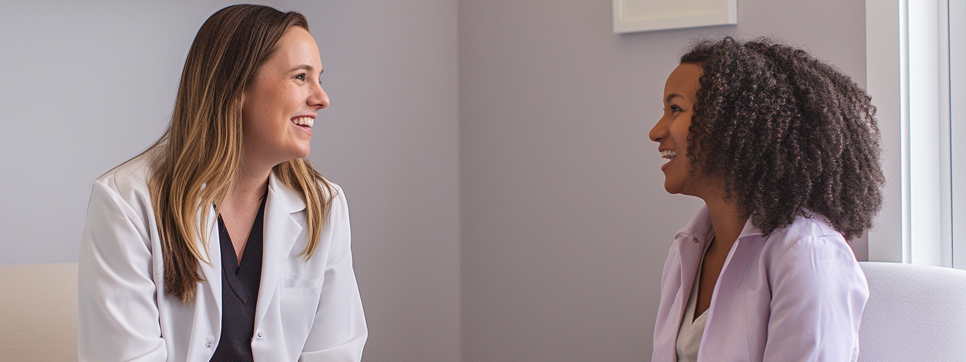 Two professional women in white labcoats standing in a clean modern office.